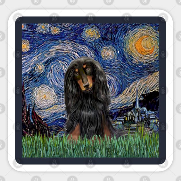 Starry Night (Van Gogh) Adapted to Feature a Long Haired Dachshund Sticker by Dogs Galore and More